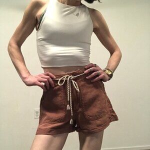 Brown Linen Shorts with Waist-Tie